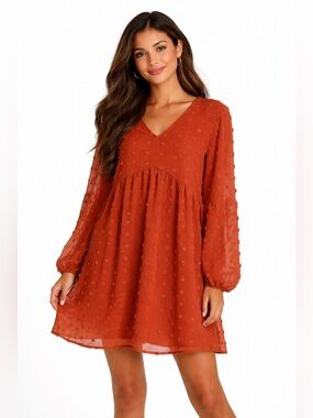 Amazon Rust Orange Long Sleeve Textured Babydoll Dress